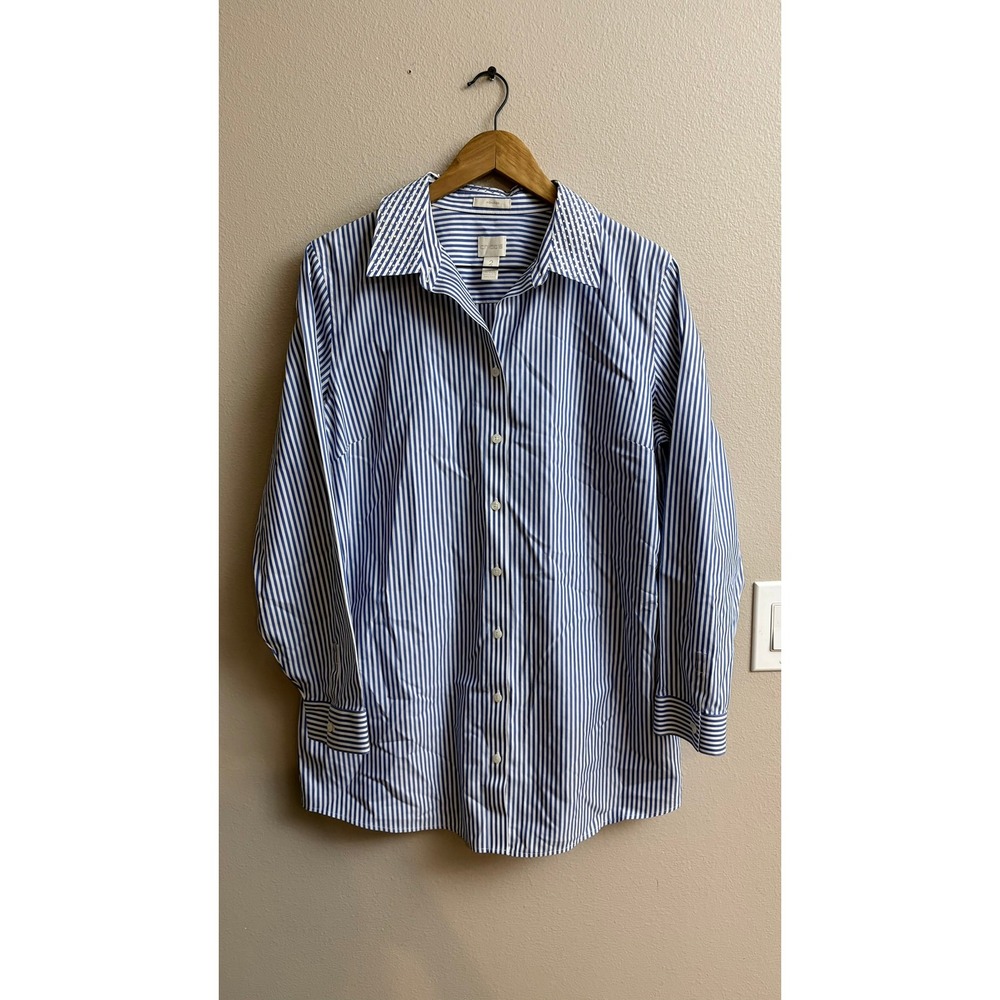 Chico's Button Down Women 2 Blue Striped No-Iron Rhinestone Collar Shirt